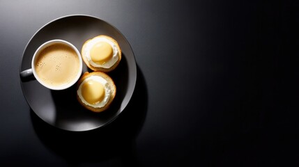 Simple black background showcasing eggs Benedict with hollandaise sauce and a cup of fresh coffee. Perfect flat lay with soft shadows.