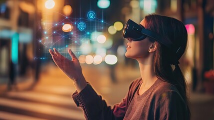 Woman Wearing VR Headset Interacting With Holographic Interface in City at Night