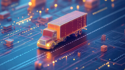 A 3D-rendered truck on a digital circuit background, symbolizing logistics, technology, and modern transportation systems.