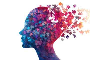 A conceptual image of a human head filled with puzzle pieces that gradually blend from vibrant colors at the top to softer tones at the bottom