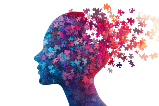 A conceptual image of a human head filled with puzzle pieces that gradually blend from vibrant colors at the top to softer tones at the bottom