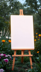Blank mock up of vertical canvas or paper on the easel in the garden isolated with white highlights, png