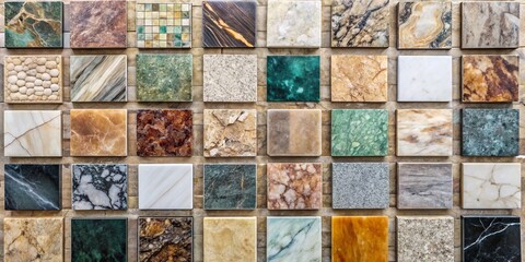 Assorted Marble and Stone Samples Displayed in a Grid Layout for Architectural and Design Inspiration, Showcasing Varied Textures, Colors, and Patterns for Creative Use