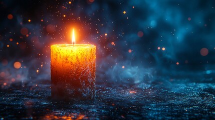 A serene candle glowing warmly against a deep blue backdrop, perfect for winter celebrations, holiday decor, or peaceful meditation settings.