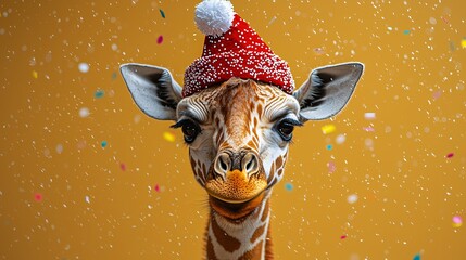 A cheerful giraffe in a festive red party hat, vibrant yellow background, ideal for winter celebrations, holiday cards, party invitations, and festive decorations.