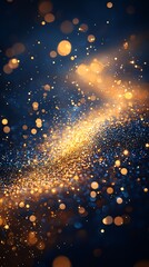 Obraz premium Elegant winter-themed background with golden bokeh effects on a navy blue backdrop, perfect for Christmas and New Year celebrations, invitations, or festive designs.