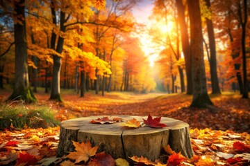 Autumn Leaves on Ground with Wooden Tree Trunk Table Surrounded by Vibrant Forest Trees, Perfect for Product Display and Nature-themed Projects