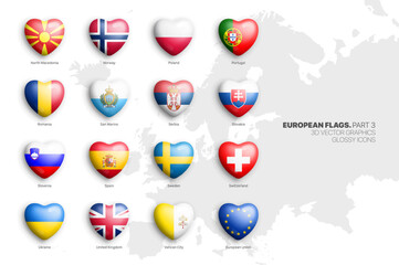 All Official Flags of European Countries Vector 3D Heart Glossy Icons Set Isolated On White Background Part 3. Europe Insignia Bright Vivid Colour Shiny Heart Shaped Badges Design Elements Bundle