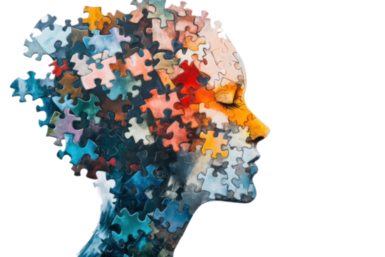 A conceptual image of a human head filled with puzzle pieces that gradually blend from vibrant colors at the top to softer tones at the bottom