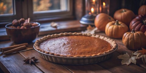 Naklejka premium A freshly baked pumpkin pie sits on a rustic wooden table surrounded by autumn leaves and pumpkins, the warm glow of candlelight illuminating the scene.