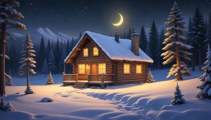 Fototapeta premium Snowy Winter Cottage in the Forest