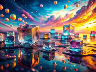 Surreal Ice Cubes in a Dreamlike Landscape with Floating Elements and Vivid Colors, Creating an Otherworldly Atmosphere of Frost and Imagination