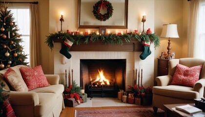 Here’s an image of a cozy Christmas-themed living room with a fireplace decorated festively