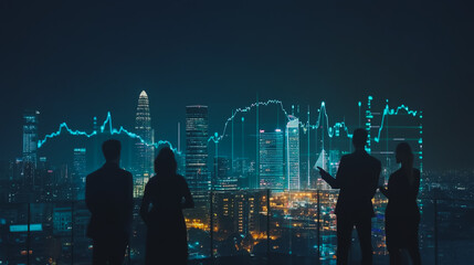 Fototapeta premium Abstract business team stands on the peak of success amid tall, innovative Smart city and graphs with statistics to analyze business potential and predict future developments in company growth.