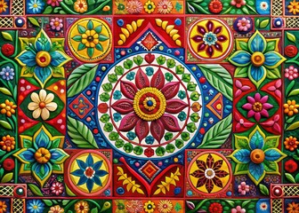 Candid Photography of Geometric Folk Art with Ornate Floral Motifs Against a Vibrant Colorful Background for Decorative and Contemporary Design Projects