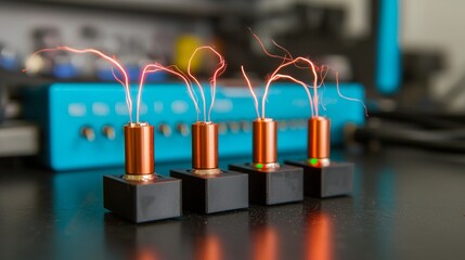 The image features multiple electronic components emitting sparks, likely demonstrating principles of electricity or plasma in a laboratory setting.