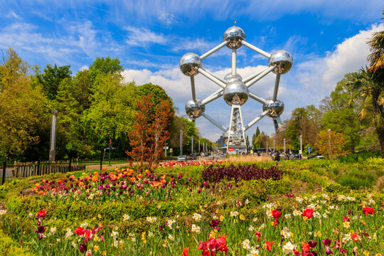 The Atomium of Brussels, a modernist building that represents a silver atom model. Originally constructed as the centrepiece of the 1958 Brussels World's Fair