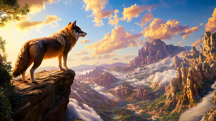 Wolf standing on cliff overlooking vast valley for bravery illustration