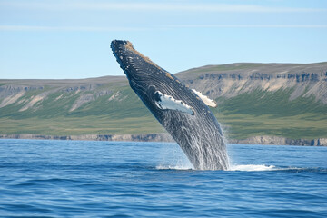 Fototapeta premium A humpback whale breaching the surface of blue water with green cliffs in the background.