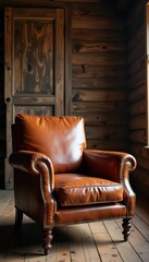 A classic leather armchair in a rustic cabin setting, perfect for cozy interiors and inviting spaces.