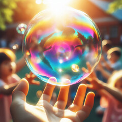 晴れた日に子供たちがシャボン玉で遊んでいる写真。七色に光る幻想的なシャボン玉を掴もうとしている手