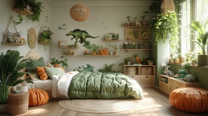 Naklejka premium A cozy and playful bedroom with a dinosaur theme, featuring a bed with green bedding, orange and brown accents, and a variety of plants.