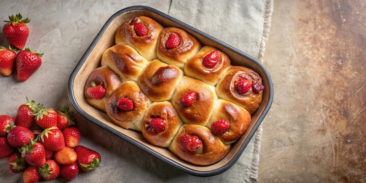A delicious and freshly baked tray of sweet rolls with a topping of glistening red berries