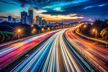 Fototapeta premium Captivating Long Exposure Night Photography of a Bustling Highway with Vibrant Light Trails and Dynamic Vehicle Movement, Perfect for Urban and Nightscape Visuals
