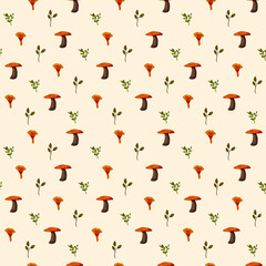 Botanical Watercolor Pattern with Leaves and Mushrooms