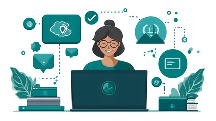 Fototapeta premium Businessperson at desk, using laptop for online training, educational icons displayed, virtual learning