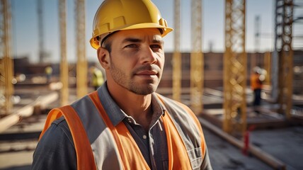 A diligent construction worker surveys the site in the golden afternoon sun, surrounded by cranes and workers at a bustling job site. Generative AI