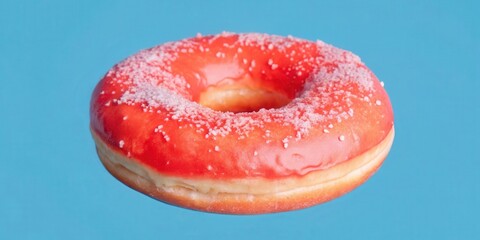 Obraz premium A red glazed donut with a light dusting of sugar, levitating against a vibrant blue background.