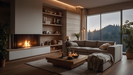 Cozy living room with fireplace and scenic mountain view during twilight, inviting warmth and relaxation in the modern interior. Generative AI