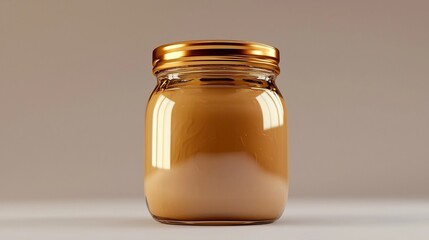 Shiny Glass Peanut Butter Jar on a Clean White Background with Textured Focus