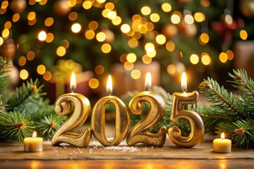 Celebrate New Year 2025 with Golden Candle Numbers Surrounded by a Festive Fir Tree Creating a Joyous Holiday Background Perfect for Welcoming the New Year in Style