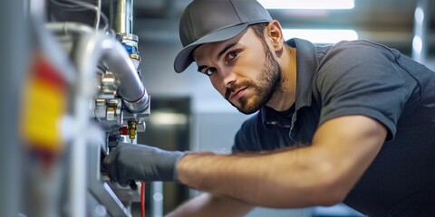 Technician inspecting and repairing a furnace in a home or commercial setting.