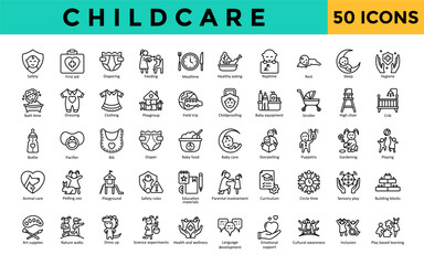 Childcare icons set with safety, first aid, diapering, feeding, mealtime, healthy eating, naptime, rest, sleep, hygiene icon. Simple line vector 