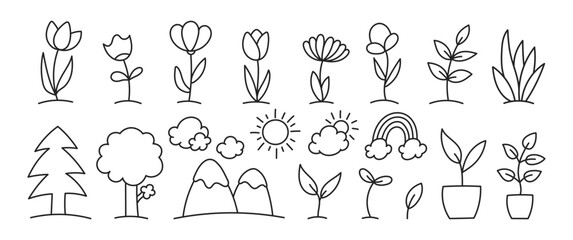 Set of hand drawn elements of environment with editable stroke. Flowers, clouds, rainbow and tree. Vector illustration on a white background.