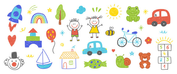 Set of simple kids doodles of girl, boy, car, rainbow and bike with crayon or chalk texture. Simple hand drawn vector illustration on a white background.