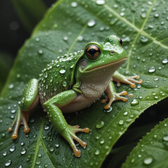Obraz premium Frog on Dewy Leaf