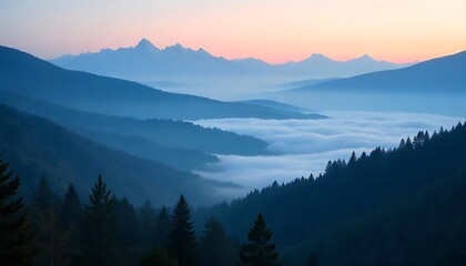 Obraz premium Fog over mountains with a beautiful forest