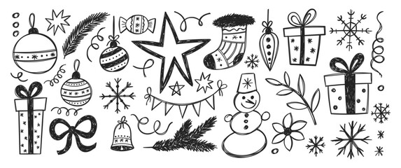 Set of Christmas doodles of star, present box, snowman, snowflake with crayon texture. Hand drawn vector illustration on a white background.