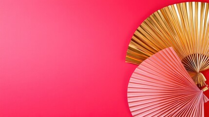 Paper fan medallion red and gold chinese new year decoration on red background with copy space with generative ai