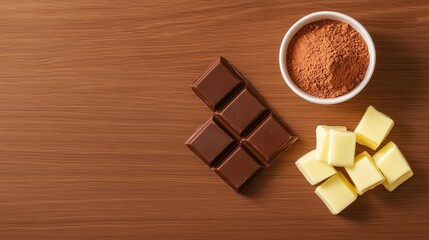 A variety of chocolates and cocoa powder displayed on a wooden surface, featuring dark chocolate...