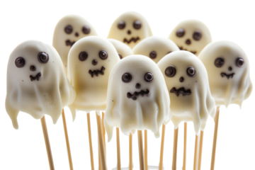 A collection of ghost-themed cake pops, coated in white chocolate and adorned with black edible markers for faces. These treats are presented on a decorative stand
