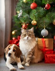 Close-up of cat and dog under the Christams tree in the living room near many gift boxes