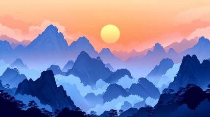 A scenic view of a mountainous landscape with a large, bright sun setting over the peaks.