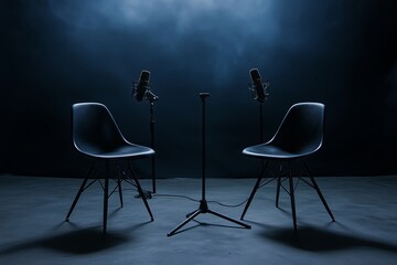 Pair of chairs and microphones set in a podcast studio for immersive interview or broadcast sessions against a dark backdrop as an expansive banner for media discussions and podcasting themes