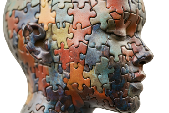 A close-up view of a human head constructed from interlocking jigsaw puzzle pieces, showcasing intricate details and textures. The head is positioned to the side