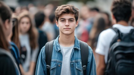 Male college student standing alone among a crowd of other students, concept of the feeling of isolation and loneliness due to mental illness
